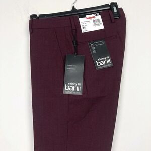 Bar III Mens Skinny fit Dress Pants 32Wx34L‎ Burgundy Red Solid Wool E101509
